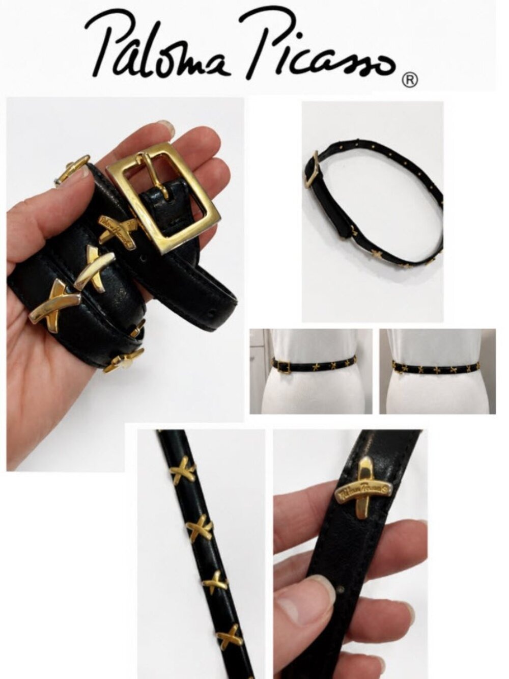 Paloma Picasso Black Leather Belt Gold X Hardware Vintage Italy Chic Designer